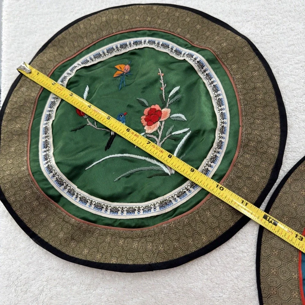 2 Chinese 100% silk Vintage embroidered round Textile flowers, bird, butterflies